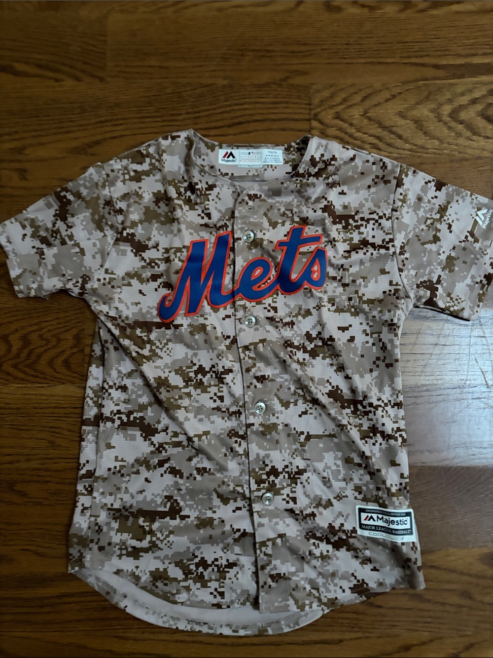 Majestic Kids Mets Tan Camo Button-Up Jersey with Blue & Orange Logo